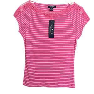 Chaps NWT Crocheted Lace Pink White Striped 100% Cotton Top 49.00 Size Small